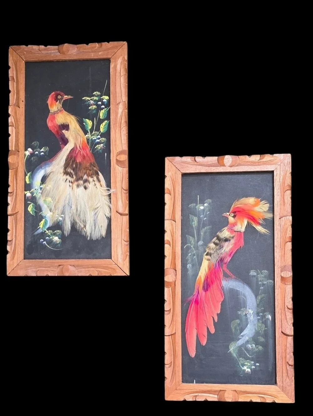 VTG Mexican Feather Craft Bird Art Pictured Hand Carved Wood Frames 6.5